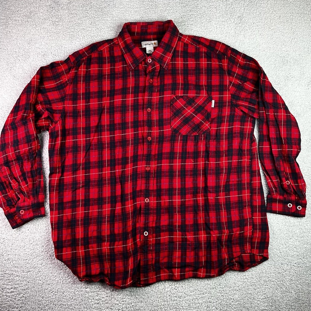 Carhartt Mens Button-Up Shirt Red Black Plaid Flannel Long Sleeve Pocket XXL